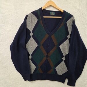 NICK PRICE Argyle V Neck Grandpa Sweater Navy Green Men's Large Golf Classic